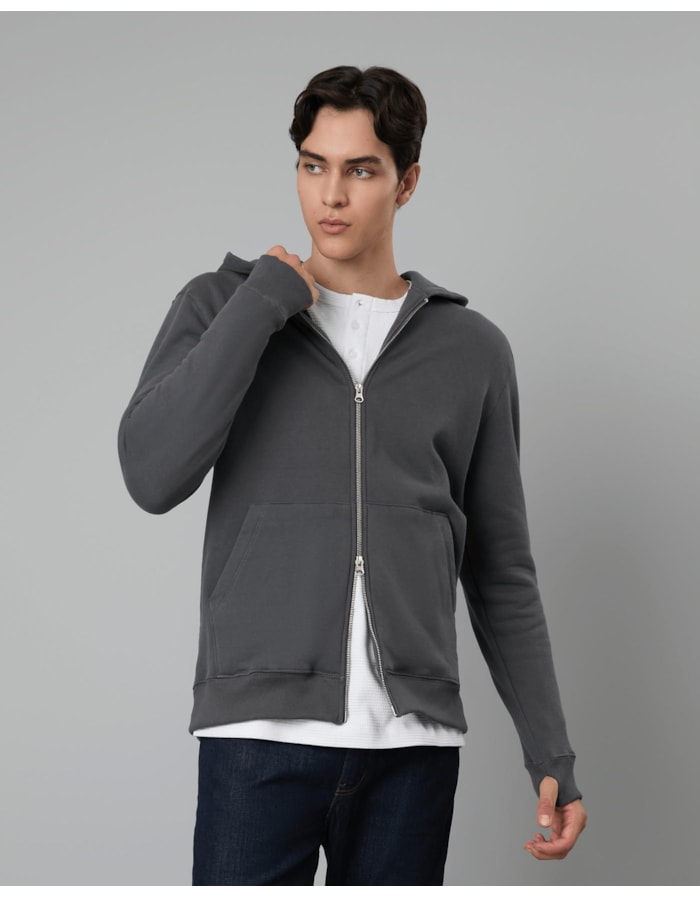 Blusa moletom felpado capuz com zíper-cinza-p