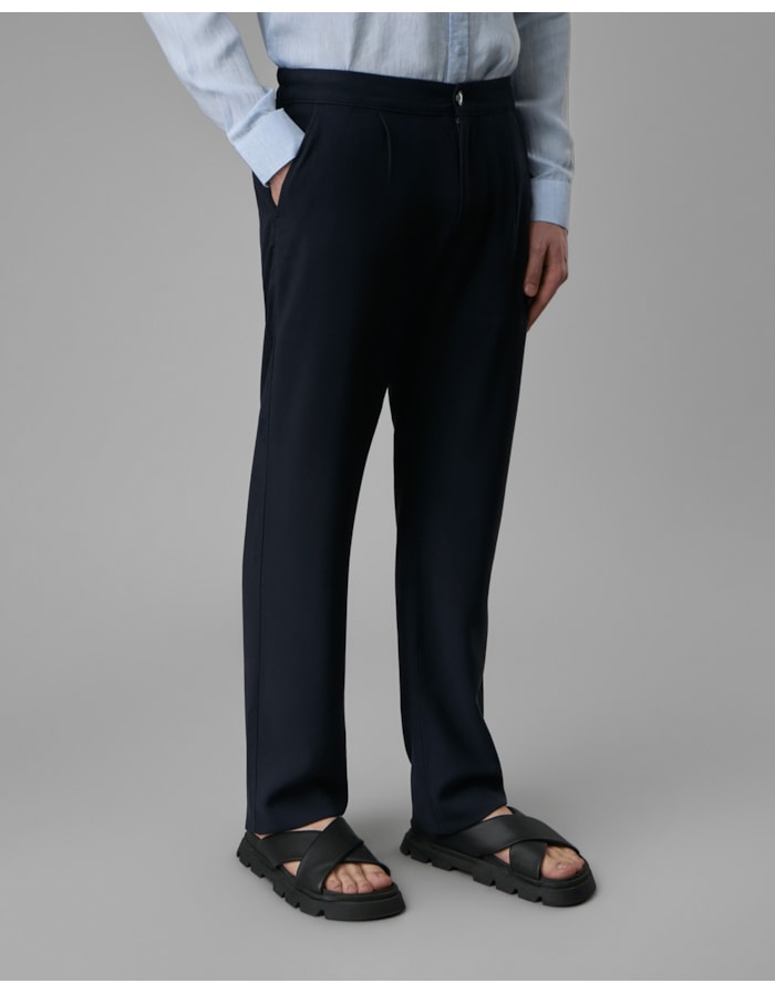 Calça pregas modal e linho meio elástico-azul-40