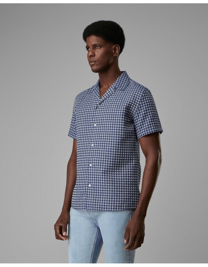 Camisa camp collar algodão reciclado xadrez-azul-m