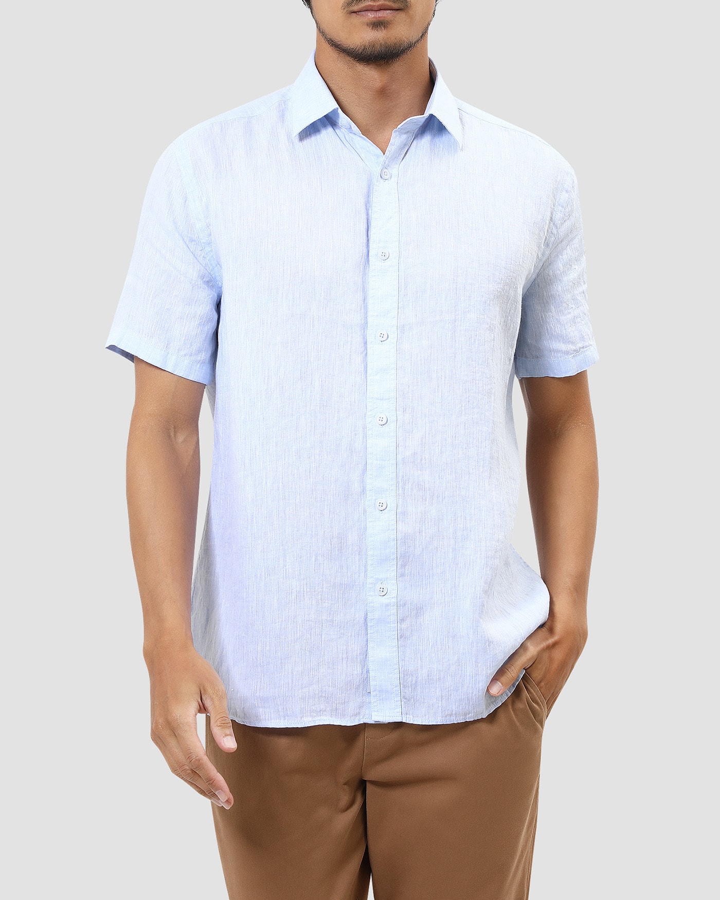 Camisa Linho Manga Curta Azul Claro Mescla