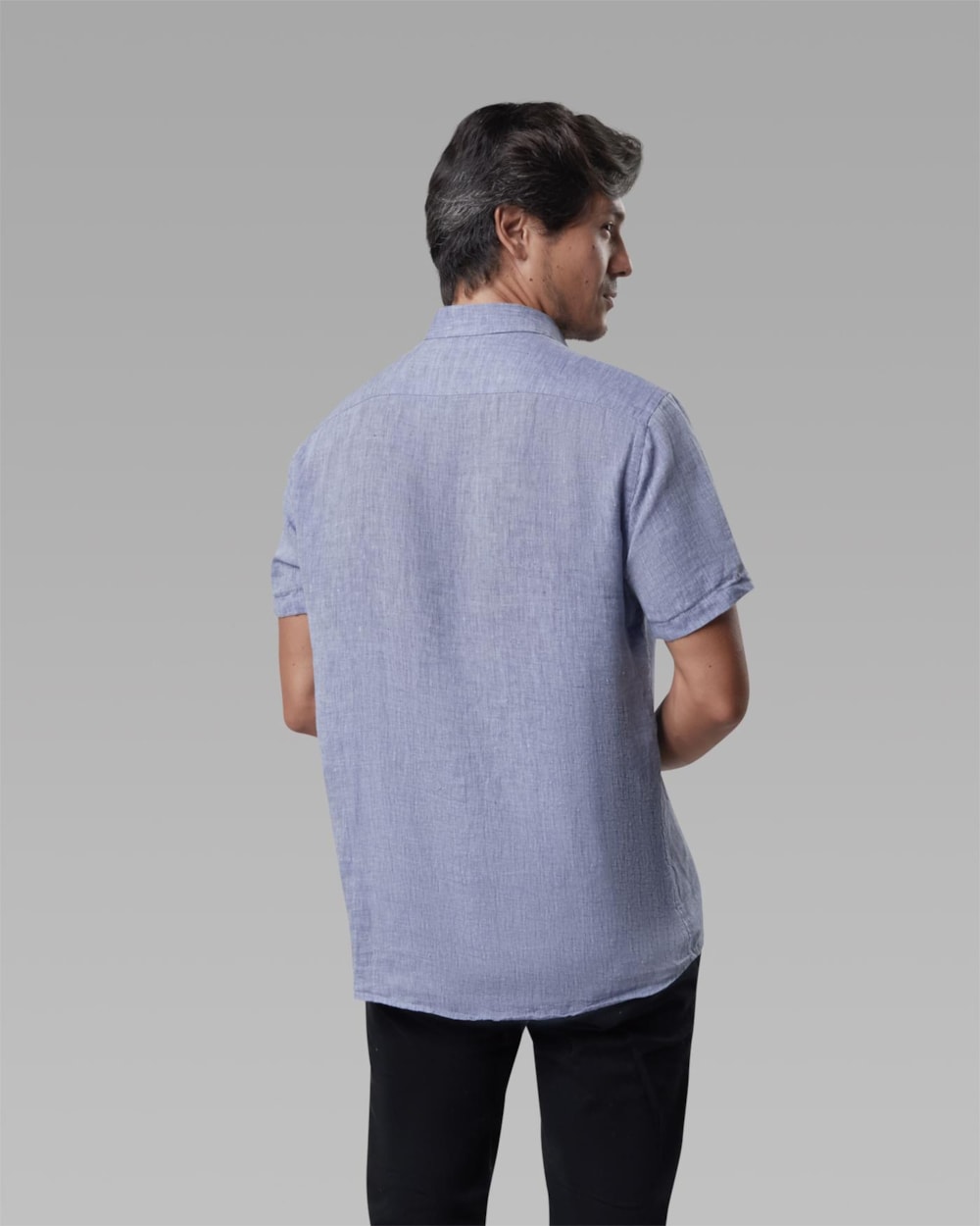 Camisa Linho Manga Curta Azul Mescla