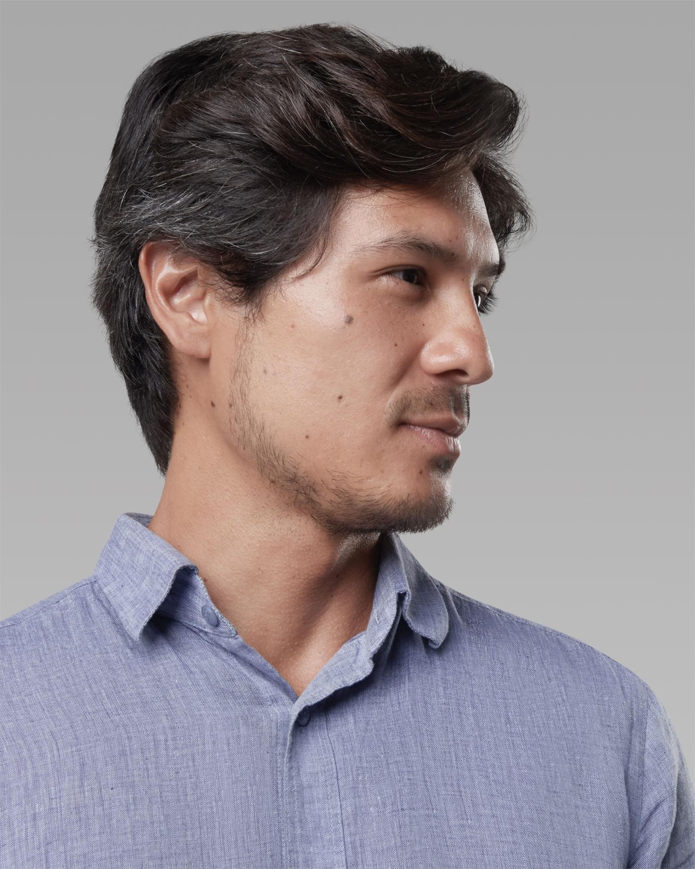 Camisa Linho Manga Curta Azul Mescla