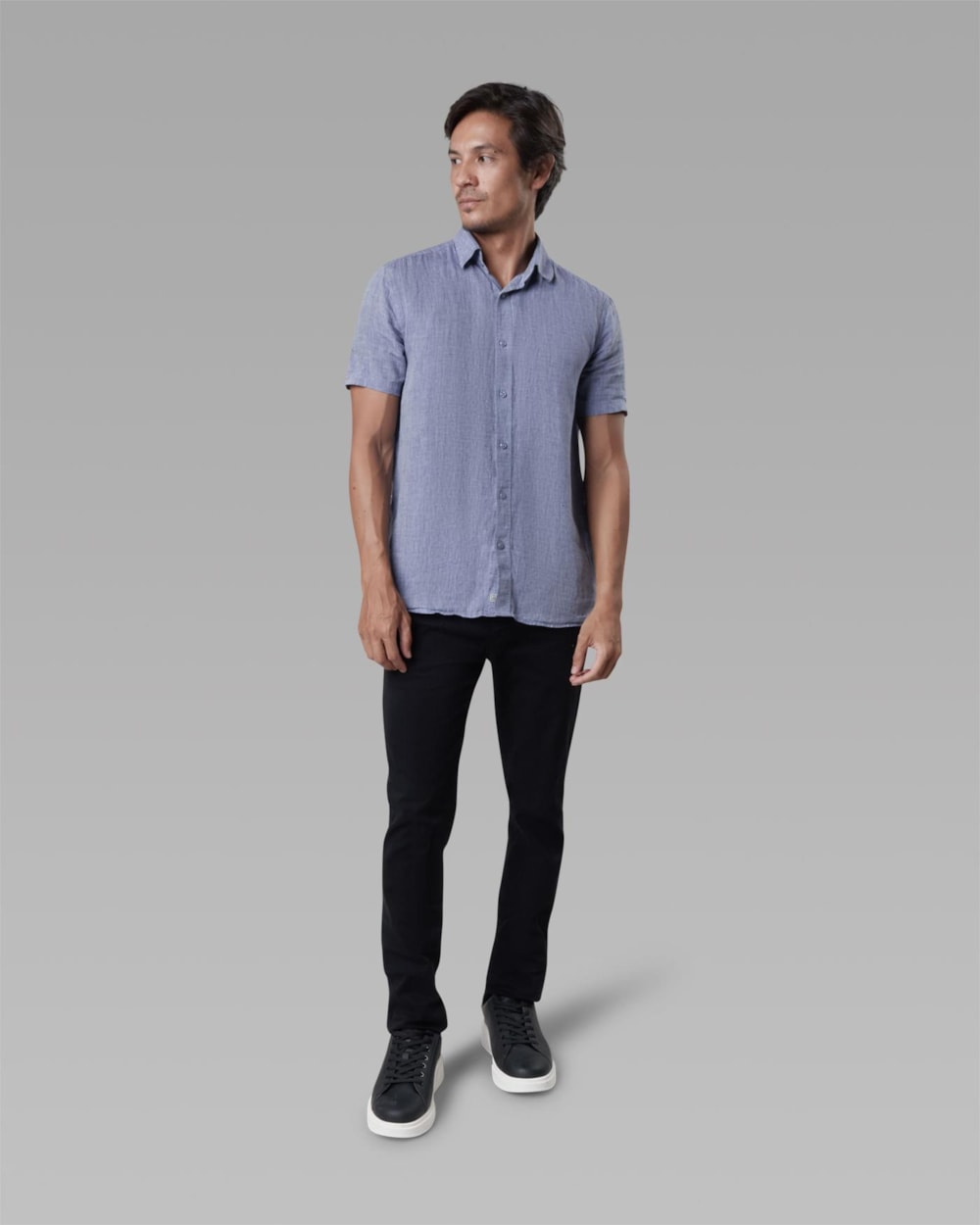 Camisa Linho Manga Curta Azul Mescla