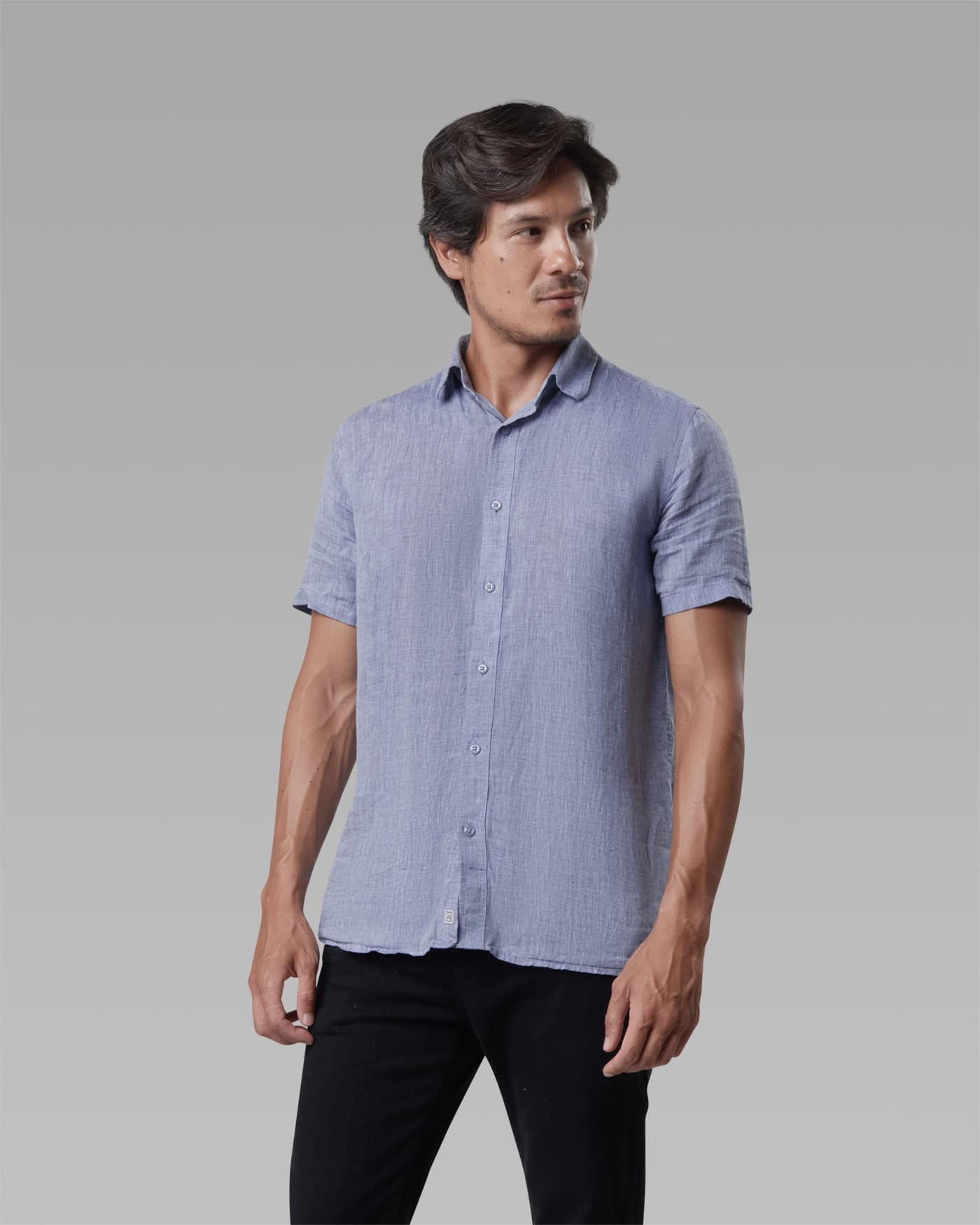 Camisa Linho Manga Curta Azul Mescla
