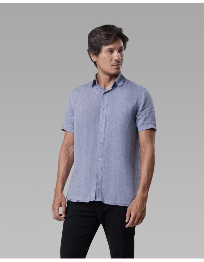 Camisa linho manga curta azul mescla-azul mescla-pp