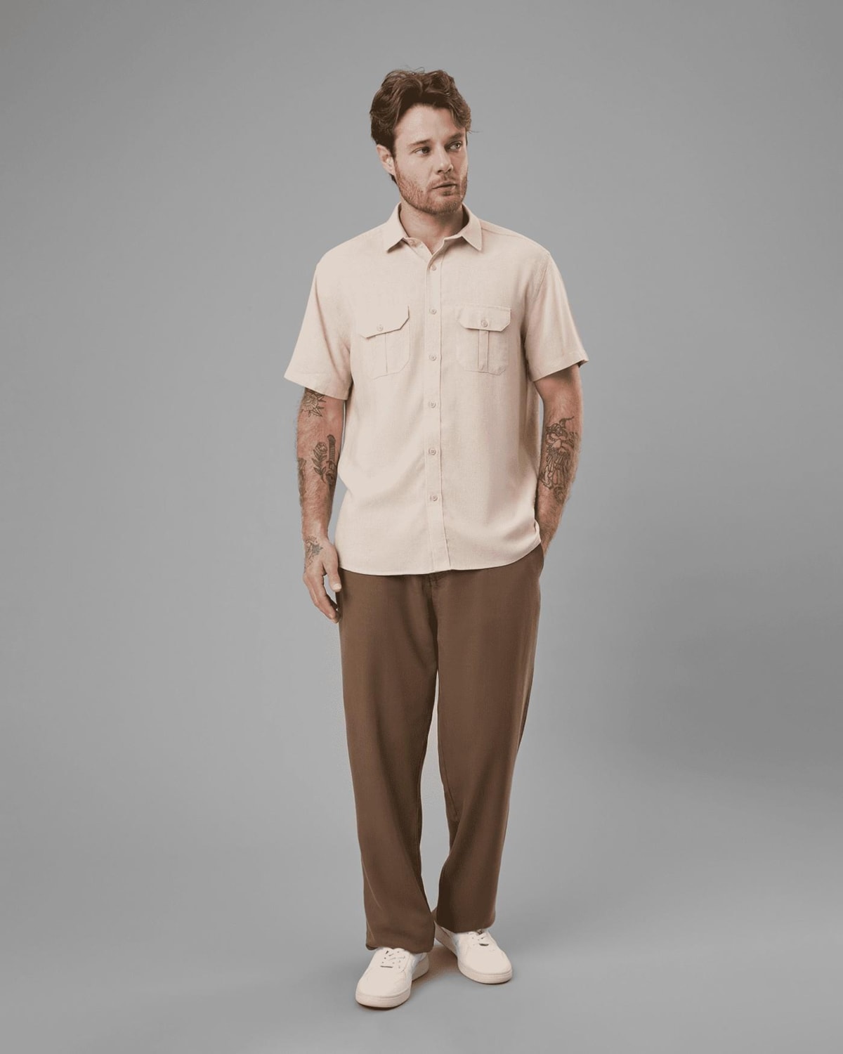 Camisa Modal e Linho com 2 Bolsos