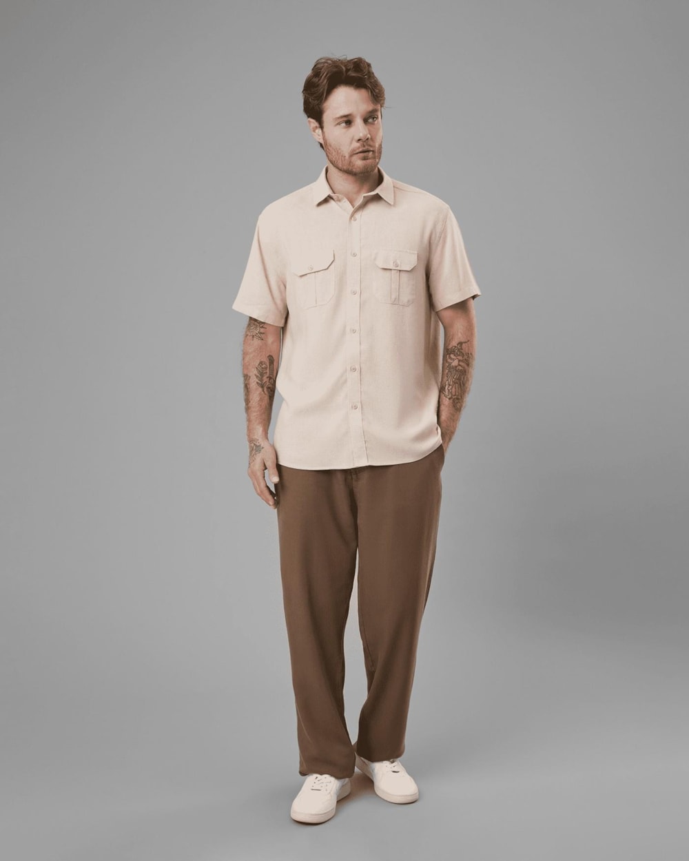 Camisa Modal e Linho com 2 Bolsos