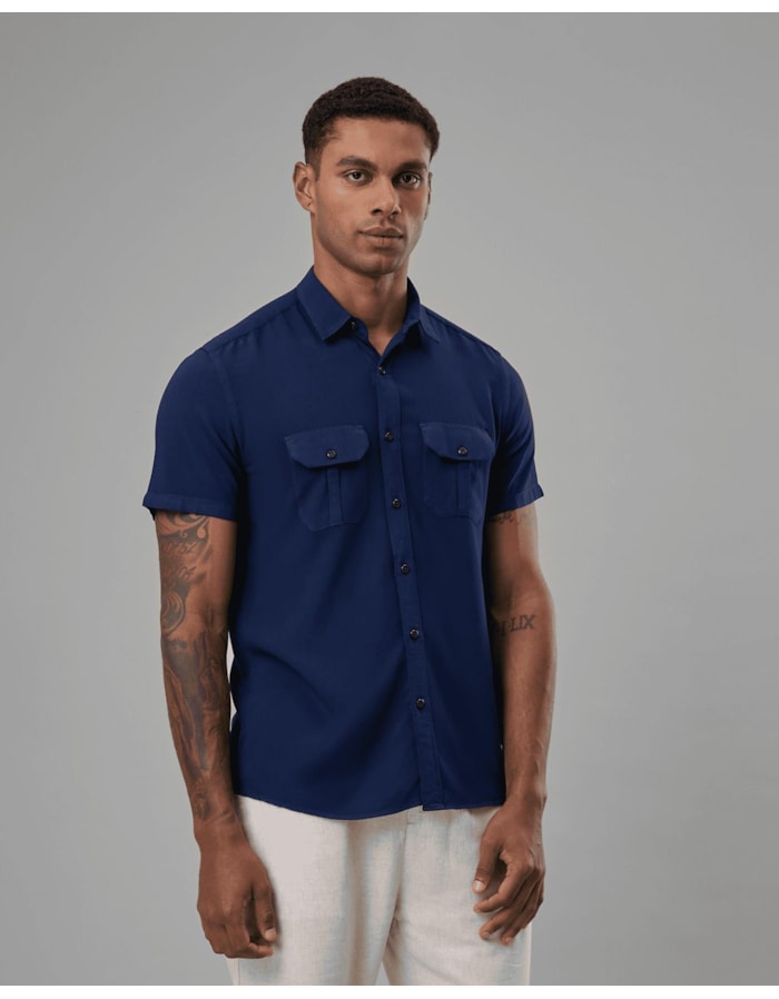 Camisa modal e linho com 2 bolsos-azul-pp