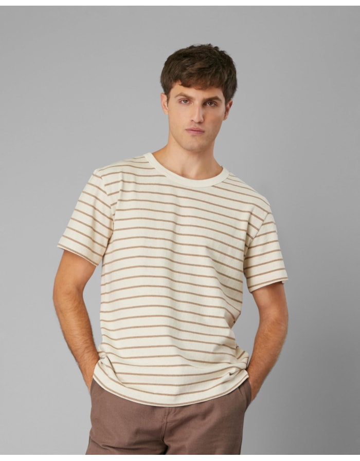 Camiseta algodão reciclado listrada-bege-ggg