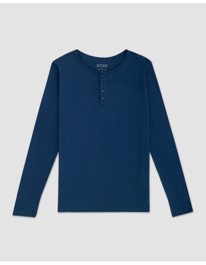 Camiseta henley algodão orgânico manga longa-azul-curto-p