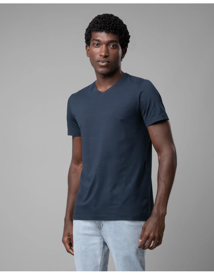 Camiseta pima gola v-azul-longo-p
