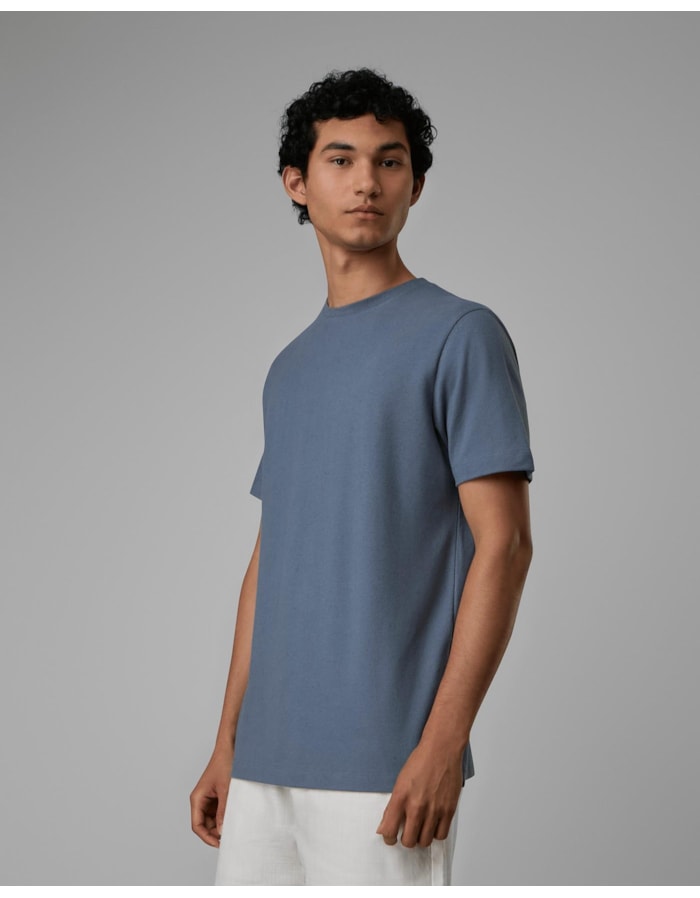 Camiseta piquet algodão e linho-azul-longo-p