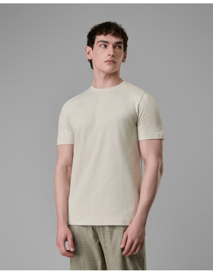Camiseta piquet algodão e linho-bege-curto-g
