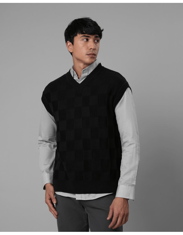 Colete tricot quadriculado texturizado-preto-m