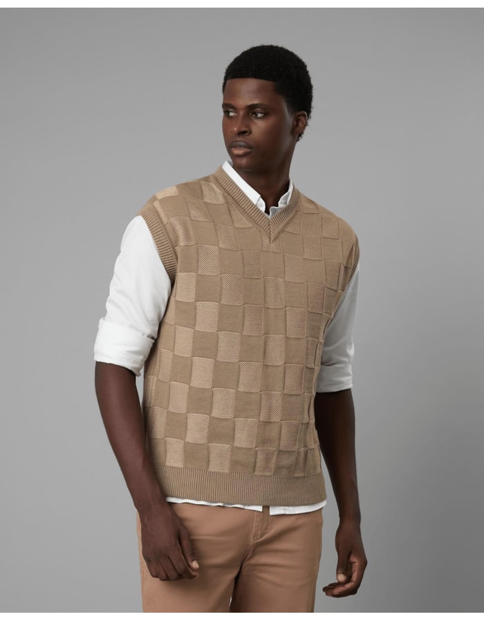 Colete tricot quadriculado texturizado-bege-p