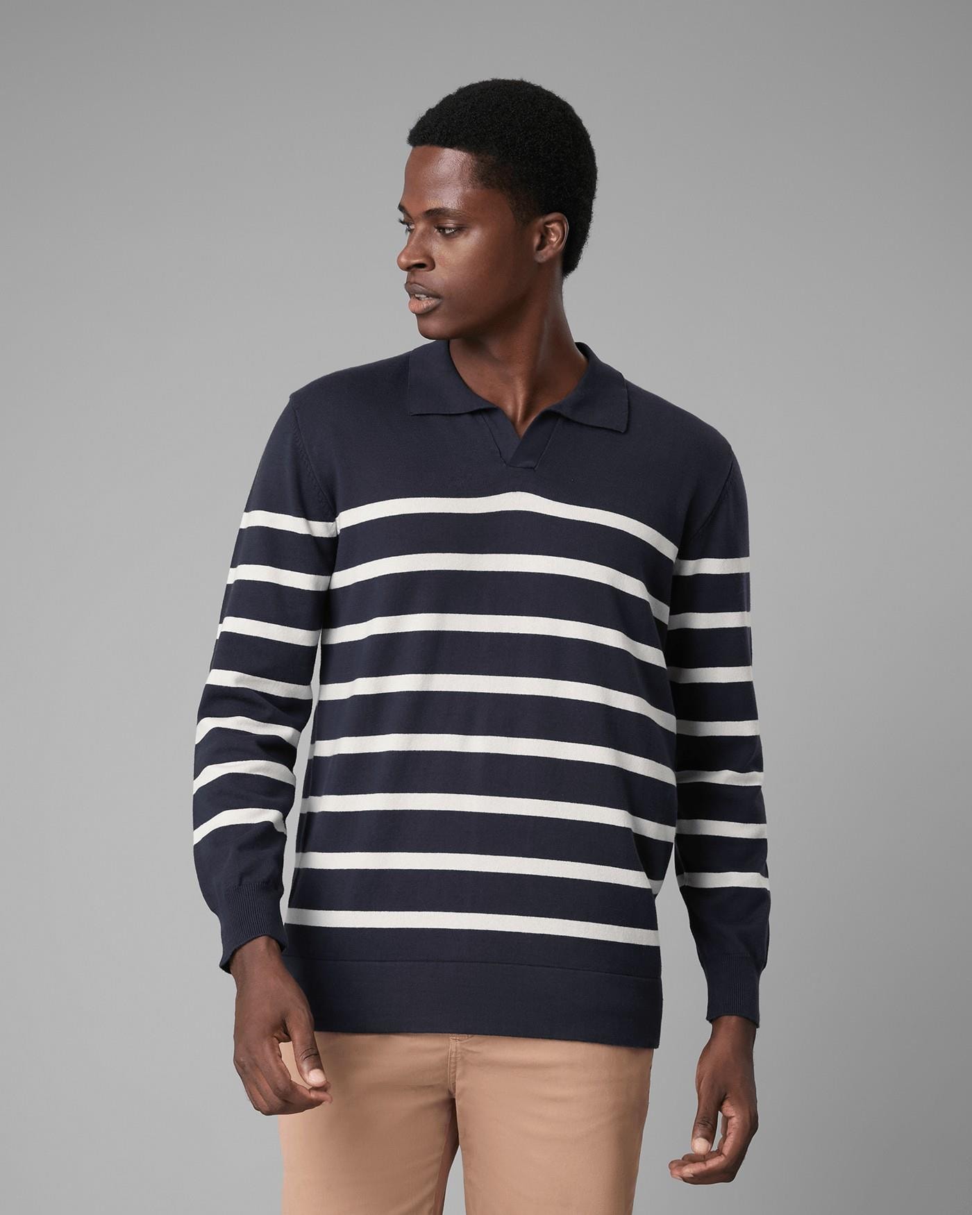 Polo Tricot Algodão Listrada Manga Longa