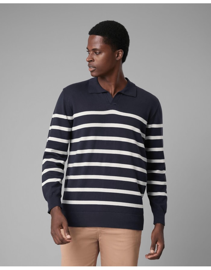 Polo tricot algodão listrada manga longa-azul-p