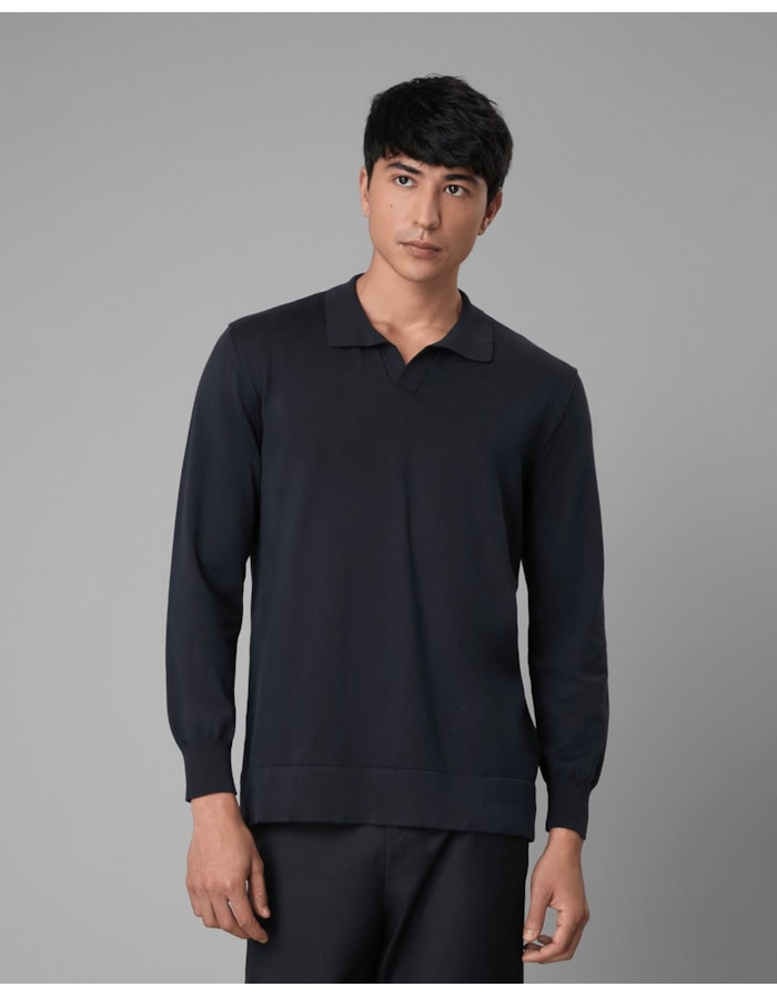 Polo tricot algodão manga longa-azul-ggg